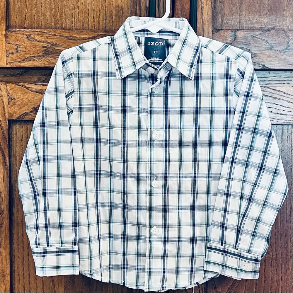 Izod Boys Shirt Size 3T Blue Green White Plaid Button Up Long Sleeve Shirt